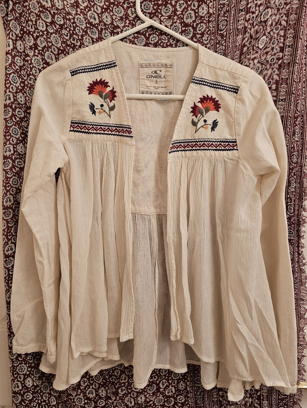 O'Neill Cream Open-Front Shirt with Red Floral Embroidery